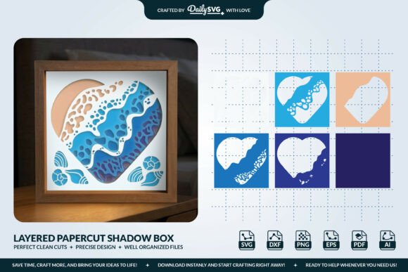 3D Heart Beach Waves Layered Shadow Box – A Summer 3D SVG Craft Essential