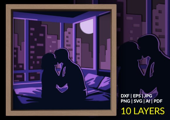 3D Romantic Couple Kiss City Shadow Box: A 3D SVG Design for Modern Branding