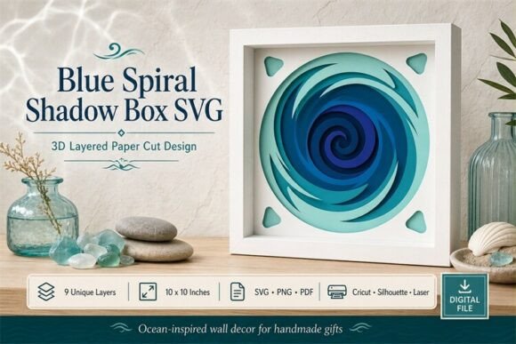 Blue Spiral Wall Art SVG: A 3D SVG Shadow Box Design for Handmade Depth