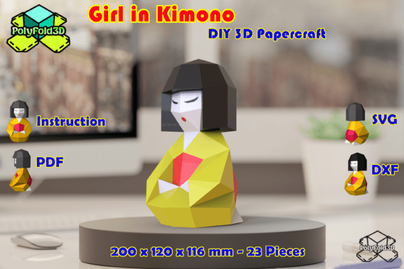Girl in Kimono DIY 3D Papercraft: A Stylish 3D SVG Ornament for Modern Branding