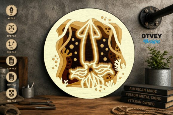 Squid Sea Animals Mandala 3D Layered Laser Cut Wall Decor Design